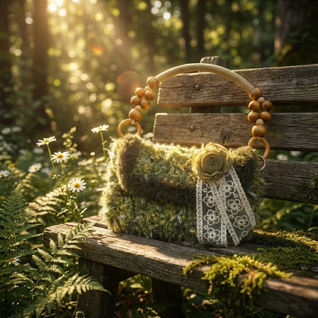 The Mossy Poem | DIY Crochet Kit: Forest Green Fuzzy Handbag with Vintage Lace