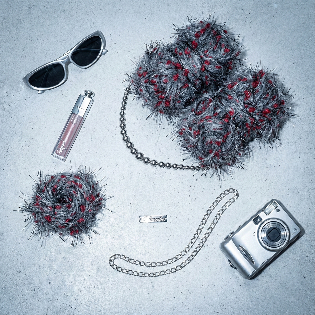 The Concrete Cherry DIY Kit | Y2K Shaggy Faux Fur Bag with Silver Chains