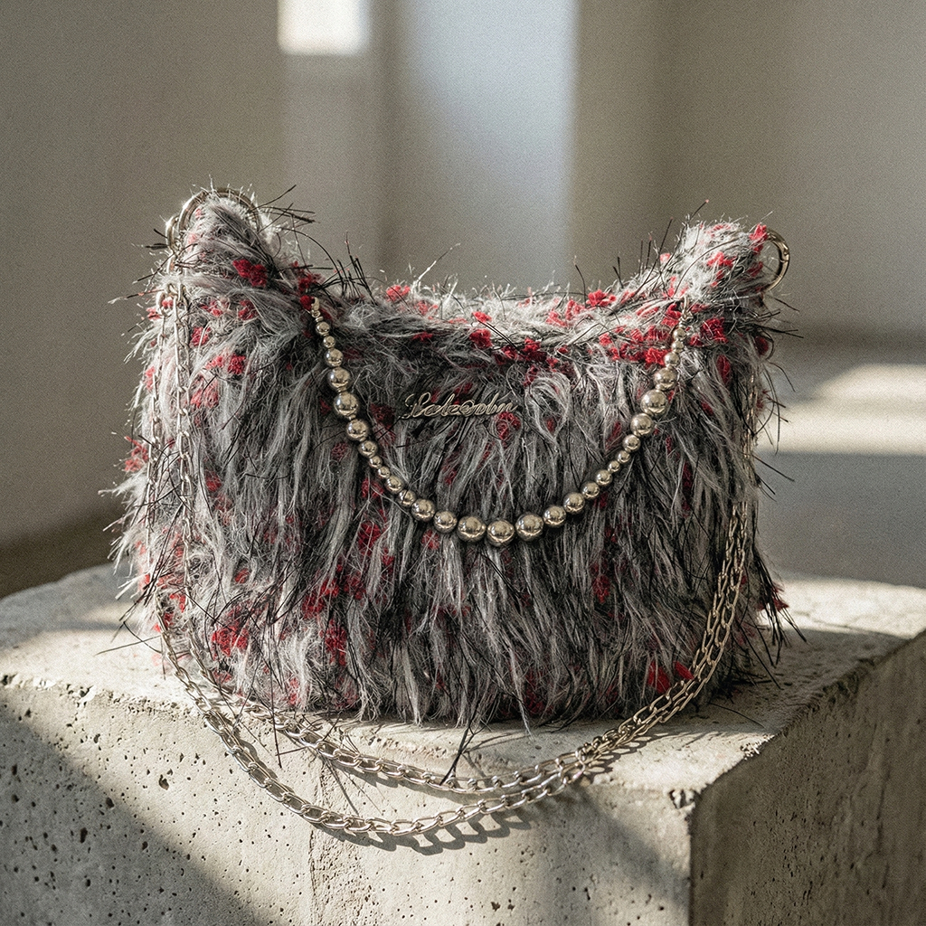 The Concrete Cherry DIY Kit | Y2K Shaggy Faux Fur Bag with Silver Chains