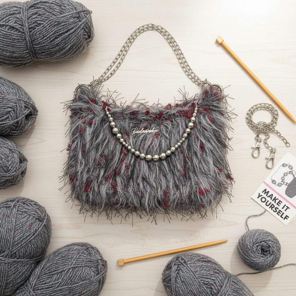 The Concrete Cherry DIY Kit | Y2K Shaggy Faux Fur Bag with Silver Chains