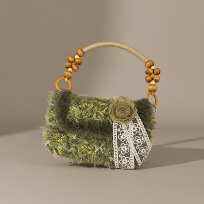 The Mossy Poem | DIY Crochet Kit: Forest Green Fuzzy Handbag with Vintage Lace