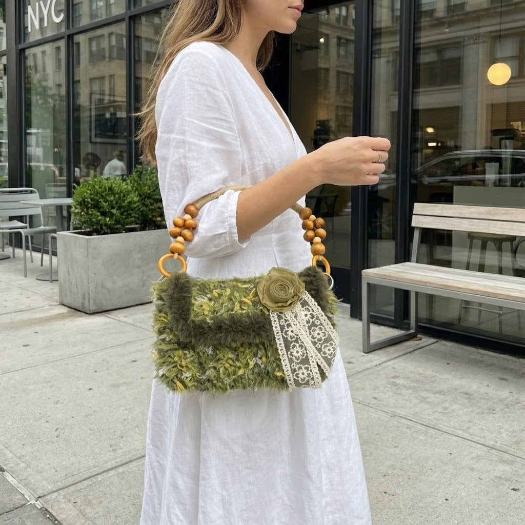 The Mossy Poem | DIY Crochet Kit: Forest Green Fuzzy Handbag with Vintage Lace
