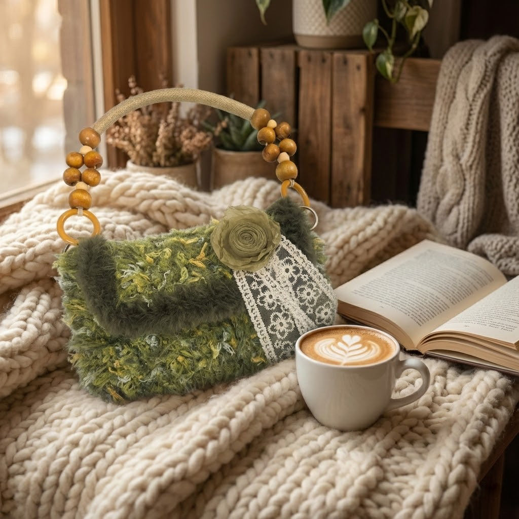 The Mossy Poem | DIY Crochet Kit: Forest Green Fuzzy Handbag with Vintage Lace