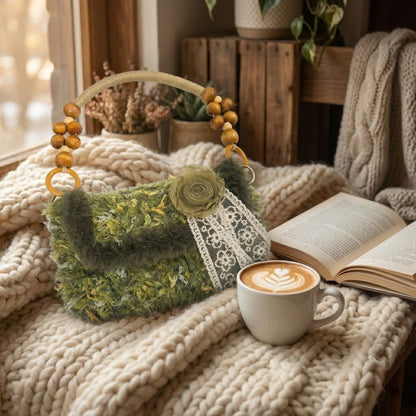 The Mossy Poem | DIY Crochet Kit: Forest Green Fuzzy Handbag with Vintage Lace